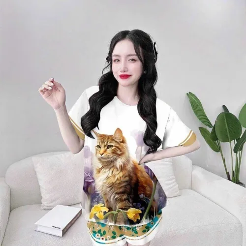 Đồ bộ quần đùi áo tay ngắn cổ tròn in hình mèo