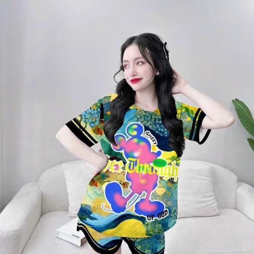 Đồ bộ quần đùi áo tay ngắn cổ tròn in hình mèo