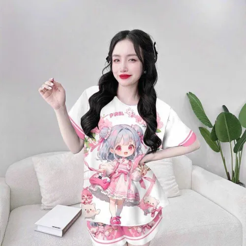 Đồ bộ quần đùi áo tay ngắn cổ tròn in hình mèo