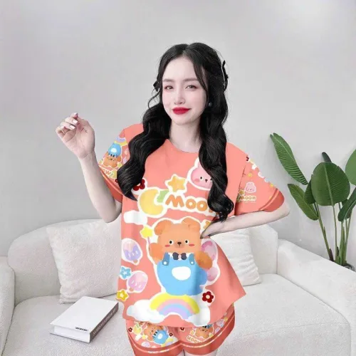 Đồ bộ quần đùi áo tay ngắn cổ tròn in hình mèo