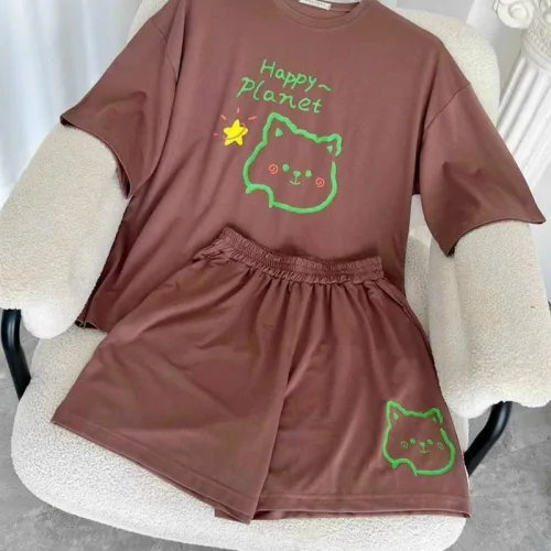 Đồ bộ quần đùi áo tay ngắn cổ tròn in hình mèo