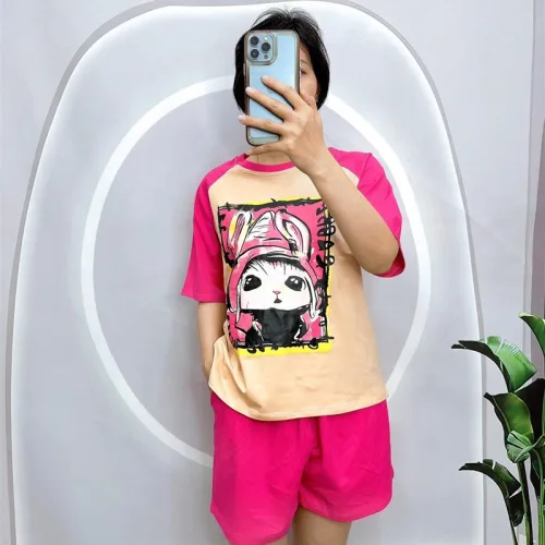 Đồ bộ quần đùi áo tay ngắn cổ tròn in hình thỏ
