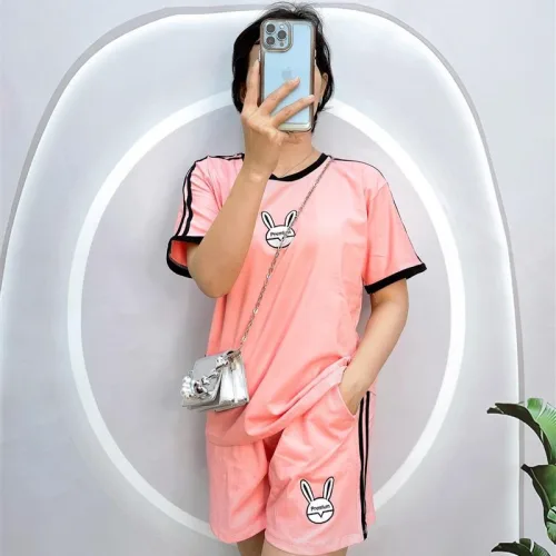 Đồ bộ quần đùi áo tay ngắn cổ tròn in hình thỏ
