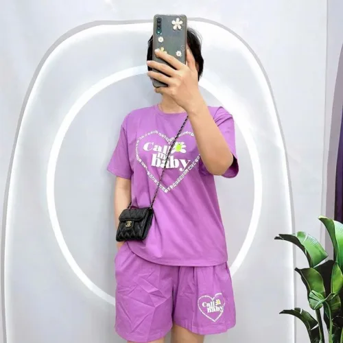 Đồ bộ quần đùi áo tay ngắn cổ tròn in hình trái tim