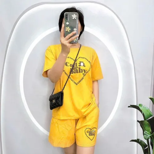 Đồ bộ quần đùi áo tay ngắn cổ tròn in hình trái tim