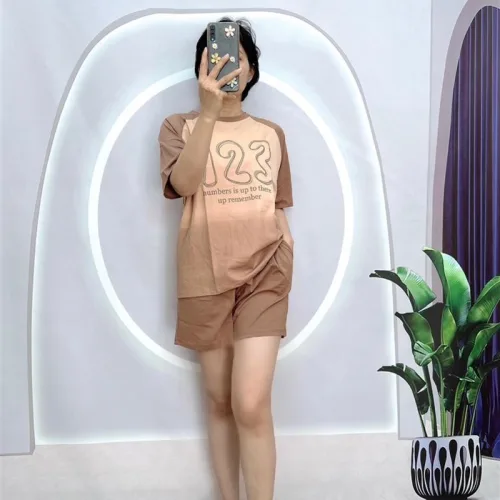 Đồ bộ quần đùi áo tay ngắn cổ tròn in số