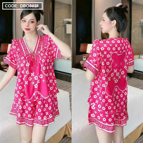 Đồ bộ quần đùi áo tay ngắn cổ v hoạ tiết