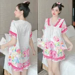 Đồ bộ quần đùi áo tay ngắn cổ v hoạ tiết