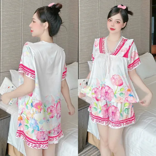 Đồ bộ quần đùi áo tay ngắn cổ v hoạ tiết
