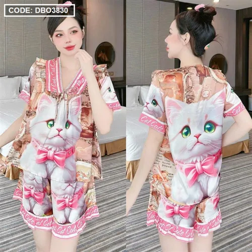 Đồ bộ quần đùi áo tay ngắn cổ v hoạ tiết