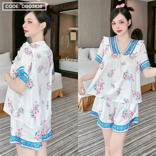 Đồ bộ quần đùi áo tay ngắn cổ v hoạ tiết
