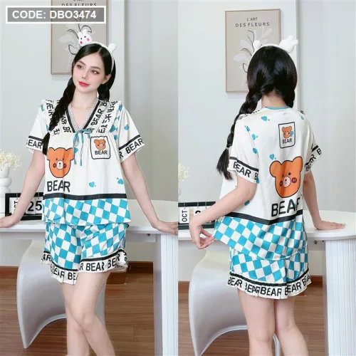 Đồ bộ quần đùi áo tay ngắn cổ v hoạ tiết
