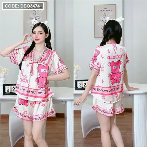 Đồ bộ quần đùi áo tay ngắn cổ v hoạ tiết