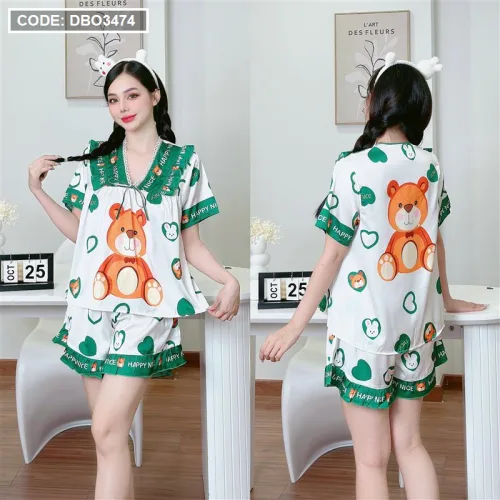 Đồ bộ quần đùi áo tay ngắn cổ v hoạ tiết