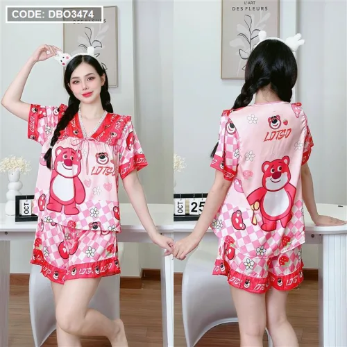 Đồ bộ quần đùi áo tay ngắn cổ v hoạ tiết