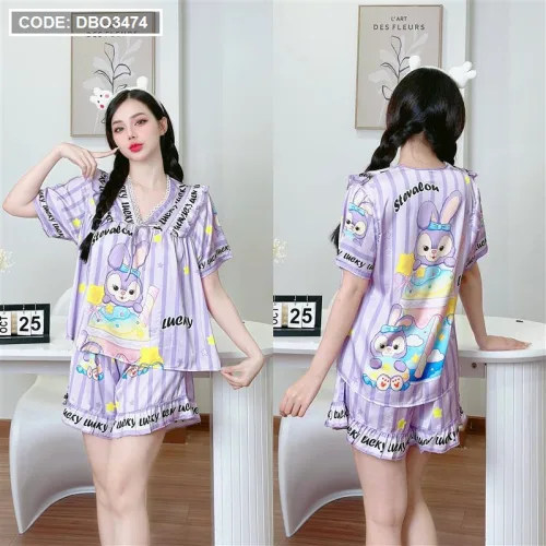 Đồ bộ quần đùi áo tay ngắn cổ v hoạ tiết
