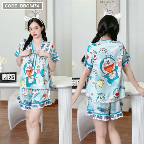 Đồ bộ quần đùi áo tay ngắn cổ v hoạ tiết