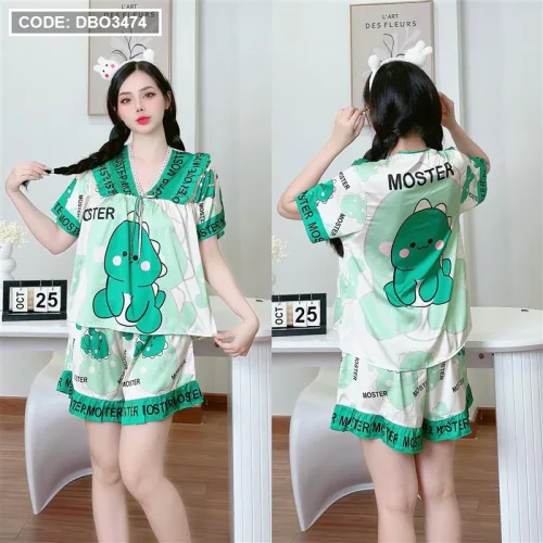 Đồ bộ quần đùi áo tay ngắn cổ v hoạ tiết