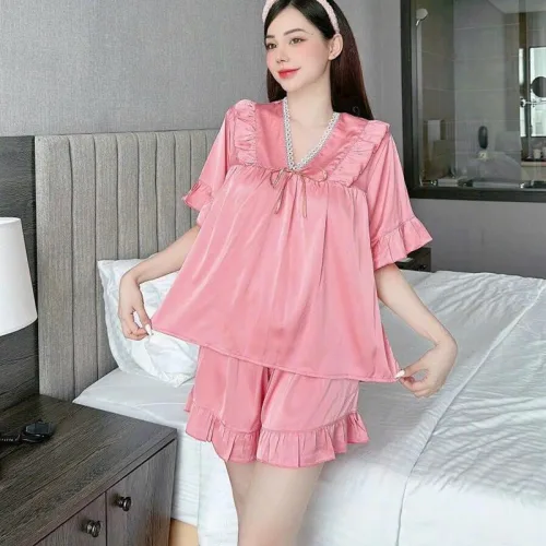 Đồ bộ quần đùi áo tay ngắn cổ v màu trơn