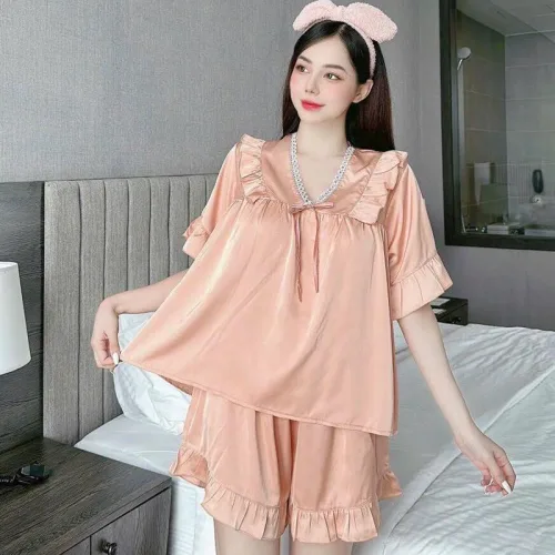 Đồ bộ quần đùi áo tay ngắn cổ v màu trơn