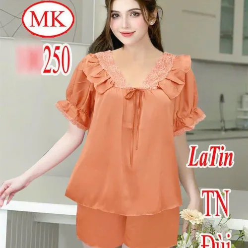 Đồ bộ quần đùi áo tay ngắn cổ v phối ren màu trơn