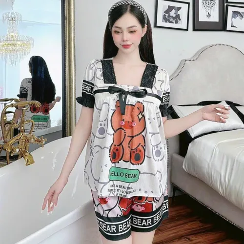 Đồ bộ quần đùi áo tay ngắn cổ vuông hoạ tiết