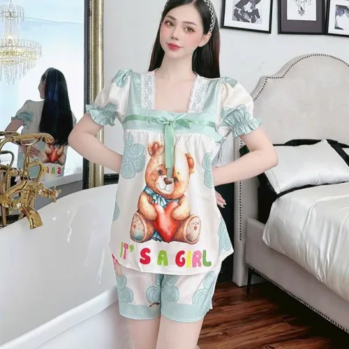 Đồ bộ quần đùi áo tay ngắn cổ vuông hoạ tiết
