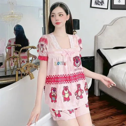 Đồ bộ quần đùi áo tay ngắn cổ vuông hoạ tiết