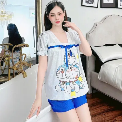 Đồ bộ quần đùi áo tay ngắn cổ vuông hoạ tiết