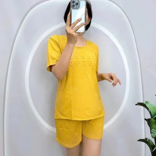 Đồ bộ quần đùi áo tay ngắn in chữ dập nổi form rộng