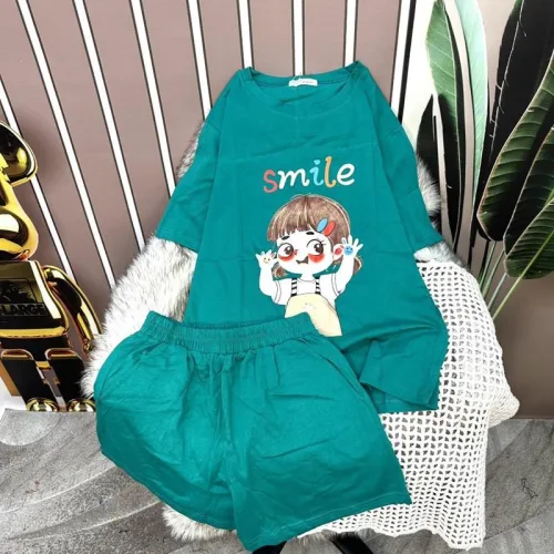 Đồ bộ quần đùi áo tay ngắn in chữ smile