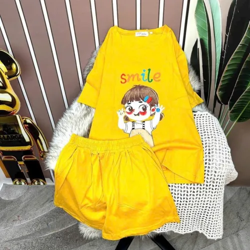 Đồ bộ quần đùi áo tay ngắn in hình bé gái