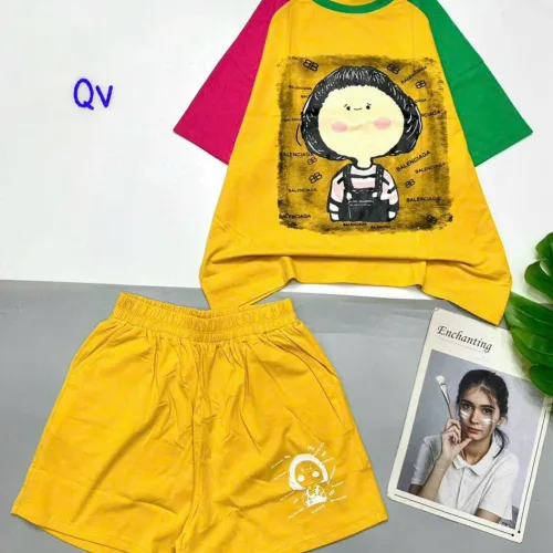đồ bộ quần đùi áo tay ngắn in hình bé tóc ngang