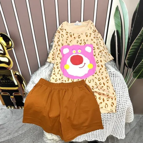 Đồ bộ quần đùi áo tay ngắn in hình đầu gấu hồng