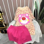 Đồ bộ quần đùi áo tay ngắn in hình đầu gấu hồng