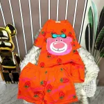 Đồ bộ quần đùi áo tay ngắn in hình đầu gấu hồng