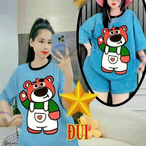 Đồ bộ quần đùi áo tay ngắn in hình gấu hồng