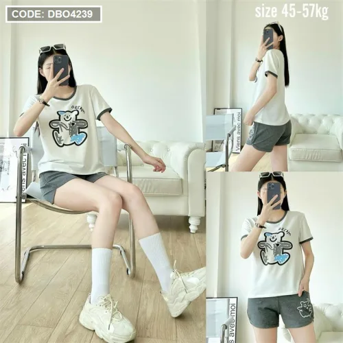 Đồ bộ quần đùi áo tay ngắn in hình gấu màu
