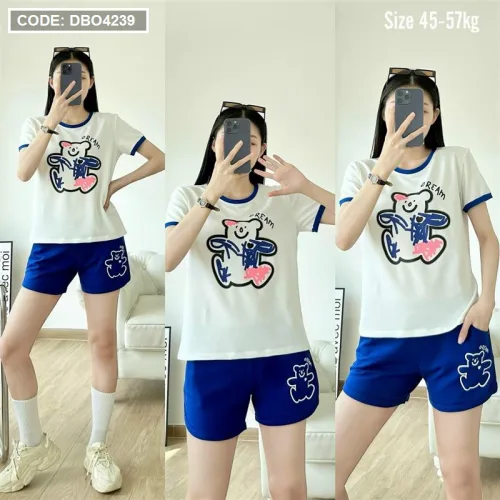 Đồ bộ quần đùi áo tay ngắn in hình gấu màu
