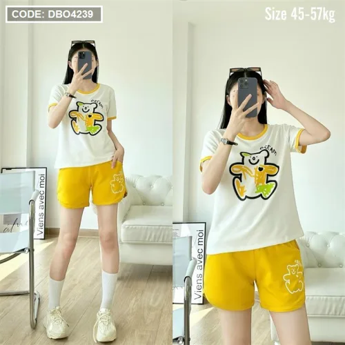 Đồ bộ quần đùi áo tay ngắn in hình gấu màu