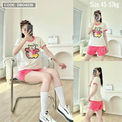 Đồ bộ quần đùi áo tay ngắn in hình gấu màu