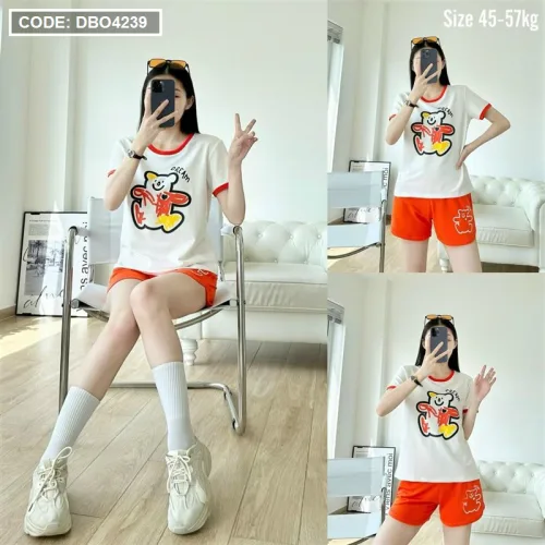 Đồ bộ quần đùi áo tay ngắn in hình gấu màu