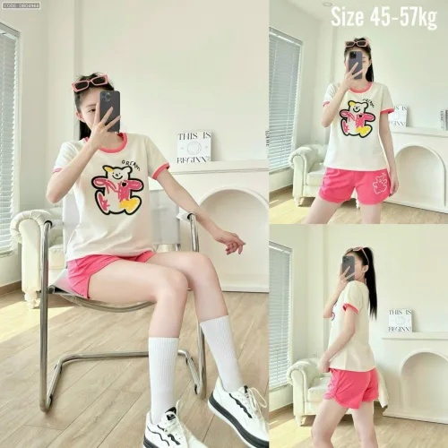 đồ bộ quần đùi áo tay ngắn in hình gấu màu quần màu tay áo