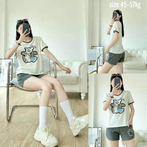 đồ bộ quần đùi áo tay ngắn in hình gấu màu quần màu tay áo