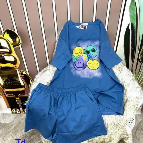 Đồ bộ quần đùi áo tay ngắn in hình mặt cười