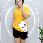 Đồ bộ quần đùi áo tay ngắn in hình mèo trắng bên hông eo