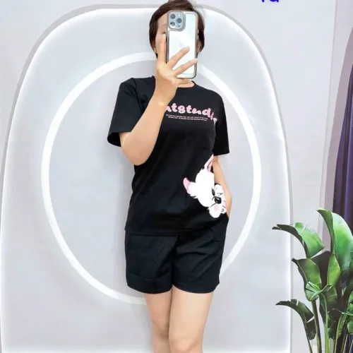Đồ bộ quần đùi áo tay ngắn in hình mèo trắng bên hông eo