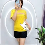 Đồ bộ quần đùi áo tay ngắn in hình mèo trắng bên hông eo