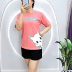 Đồ bộ quần đùi áo tay ngắn in hình mèo trắng bên hông eo