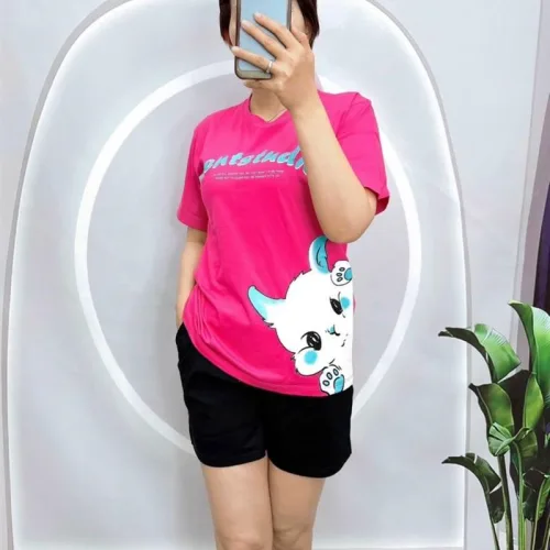 Đồ bộ quần đùi áo tay ngắn in hình mèo trắng bên hông eo